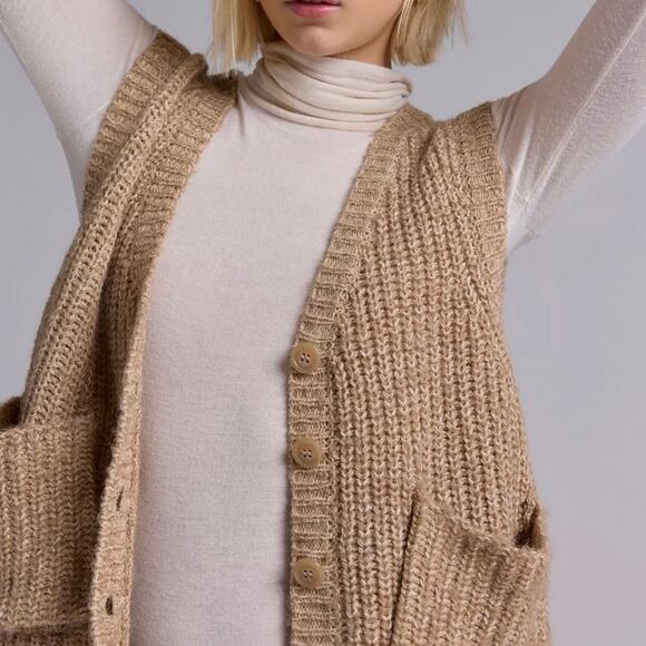 Sweater Vest Women S Beige Oversized Chunky Knit Button Front Pocket Sweater Y2K - Picture 3 of 10